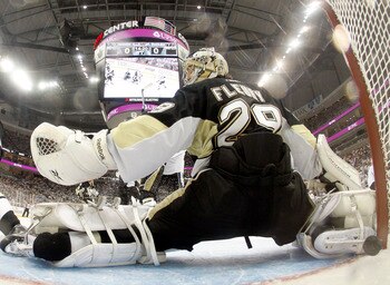 PITTSBURGH, PA - APRIL 27:  Marc-Andre Fleury #29 of the Pittsburgh Penguins can't stop a shot by Sean Bergenheim #10 (not pictured) of the Tampa Bay Lightning in Game Seven of the Eastern Conference Quarterfinals during the 2011 NHL Stanley Cup Playoffs