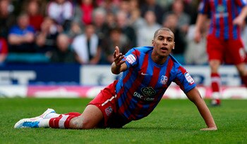 LONDON, ENGLAND - APRIL 16:  James Vaughan of Crystal Palace reacts to one of the assistant referee's decisions during the npower Championship match between Crystal Palace and Scunthorpe United at Selhurst Park on April 16, 2011 in London, England.  (Phot