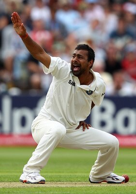 BIRMINGHAM, ENGLAND - AUGUST 11:  Praveen Kumar of India appeals successfully for the wicket of Kevin Pietersen of England during day two of the 3rd npower Test at Edgbaston on August 11, 2011 in Birmingham, England. (Photo by Richard Heathcote/Getty Imag