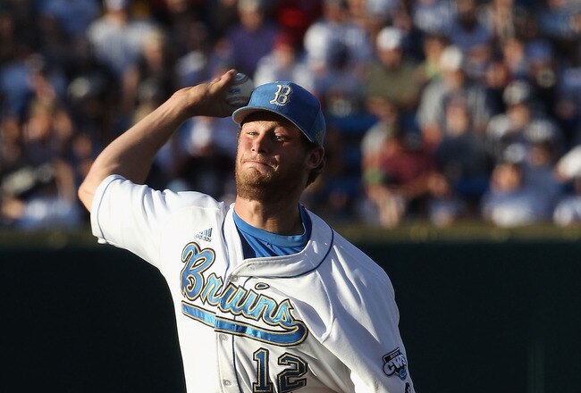 OMAHA, NE - JUNE 28:  Starting pitcher Gerrit Cole #12 of the UCLA Bruins pitches against the South Carolina Gamecocks during game 1 of the men's 2010 NCAA College Baseball World Series at Rosenblatt Stadium on June 28, 2010 in Omaha, Nebraska.  (Photo by