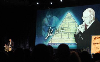 WESTWOOD, CA - JUNE 26, 2010:  Former UCLA player Kieth Erickson delivers remarks during the memorial service for former UCLA basketball coach John Wooden on June 26, 2010 at Pauley Pavilion on the University of California Los Angeles campus in Westwood,
