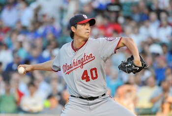 CHICAGO, IL - AUGUST 09:  Starting pitcher Chien-Ming Wang #40 of the Washington Nationals delivers during the first inning against the Chicago Cubs at Wrigley Field on August 9, 2011 in Chicago, Illinois.  (Photo by Brian Kersey/Getty Images)