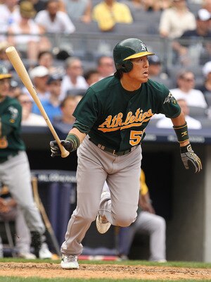 NEW YORK, NY - JULY 24:  Hideki Matsui #55 of the Oakland Athletics in action against the New York Yankees during their game on July 24, 2011 at Yankee Stadium in the Bronx borough of New York City.  (Photo by Al Bello/Getty Images)