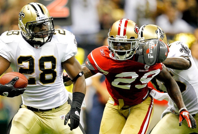 NEW ORLEANS, LA - AUGUST 12: Mark Ingram # 28 of the New Orleans Saints runs into the end zone for a touchdown against the San Francisco 49ers during their pre season game at Louisiana Superdome on August 12, 2011 in New Orleans, Louisiana.  (Photo by Sea