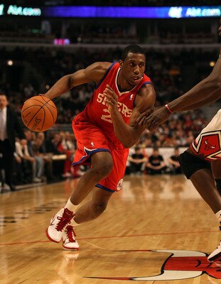 CHICAGO, IL - DECEMBER 21: Thaddeus Young #21 of the Philadelphia 76ers drives to the basket against the Chicago Bulls at the United Center on December 21, 2010 in Chicago, Illinois. The Bulls defeated the 76ers 121-76. NOTE TO USER: User expressly acknow