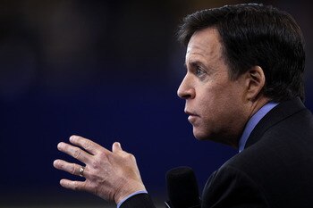 INDIANAPOLIS, IN - JANUARY 08:  NBC broadcaster Bob Costas provides analysis as the Indianapolis Colts host the New York Jets during their 2011 AFC wild card playoff game at Lucas Oil Stadium on January 8, 2011 in Indianapolis, Indiana.  (Photo by Jonatha