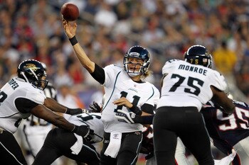 FOXBORO, MA - AUGUST 11:  Blaine Gabbert #11 of the Jacksonville Jaguars throws against the New England Patriots during a preseason game at Gillette Stadium on August 11, 2011 in Foxboro, Massachusetts. (Photo by Jim Rogash/Getty Images)
