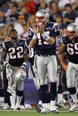 FOXBORO, MA - AUGUST 11: Ryan Mallett #15 of the New England Patriots reacts to a defensive play  against the Jacksonville Jaguars in the second half of a preseason game at Gillette Stadium on August 11, 2011 in Foxboro, Massachusetts. (Photo by Jim Rogas