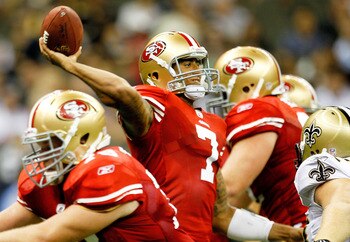 NEW ORLEANS, LA - AUGUST 12: Colin Kaepernick # 7 of the San Francisco passes inside the pocket against the New Orleans Saints during a preseason game at Louisiana Superdome on August 12, 2011 in New Orleans, Louisiana.  (Photo by Sean Gardner/Getty Image