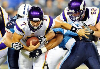 NASHVILLE, TN - AUGUST 13:  Zach Clayton #69 of the Tennessee Titans sacks quarterback Christian Ponder #7 of the Minnesota Vikings during a preseason game at LP Field on August 13, 2011 in Nashville, Tennessee. Tennessee defeated Minnestoa, 14-3. (Photo