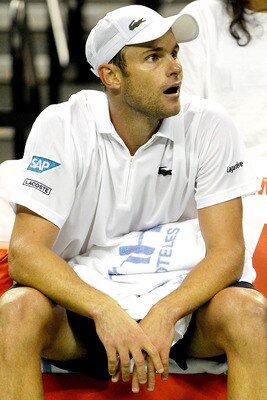 AUSTIN, TX - JULY 08:  Andy Roddick cools down on a changeover late in the third set against David Ferrer of Spain in their tie during the Davis Cup between USA and Spain at the Frank Erwin Center on July 8, 2011 in Austin, Texas.  (Photo by Matthew Stock