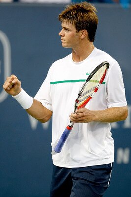 MASON, OH - AUGUST 15:  Ryan Harrison celebrates match point against Juan Ignacio Chela of Argentina during the Western & Southern Open at the  Lindner Family Tennis Center on August 15, 2011 in Mason, Ohio.  (Photo by Matthew Stockman/Getty Images)