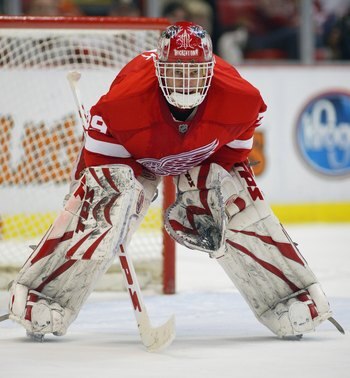 DETROIT - JANUARY 17:  Dominic Hasek #39 of the Detroit Red Wings waits for a faceoff in a game against the Vancouver Canucks on January 17, 2008 at the Joe Louis Arena in Detroit, Michigan. The Wings defeated the Canucks 3-2 in a shootout. (Photo by Clau