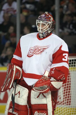EDMONTON, AB - April 27: Goaltender Manny Legace #34 of the Detroit Red Wings skates during game four of the Western Conference Quarterfinals against the Edmonton Oilers on April 27, 2006 at Rexall Place in Edmonton, Alberta, Canada.  (Photo by Tim Smith/