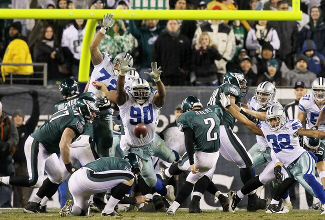 PHILADELPHIA, PA - JANUARY 02:  David Akers #2 of the Philadelphia Eagles kicks a field goal as Jay Ratliff #90 of the Dallas Cowboys attempts a block on January 2, 2011 at Lincoln Financial Field in Philadelphia, Pennsylvania. The Cowboys defeated the Ea