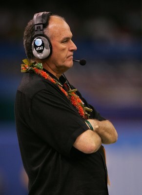 NEW ORLEANS - JANUARY 01:  Head coach June Jones of the Hawai'i Warriors looks on against the Georgia Bulldogs during the Allstate Sugar Bowl at the Louisiana Superdome on January 1, 2008 in New Orleans, Louisiana. Georgia won 41-10. (Photo by Matthew Sto