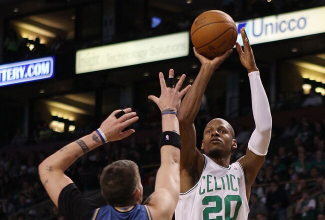 BOSTON - MARCH 07:  Ray Allen #20 of the Boston Celtics takes a shot as Mike Miller #6 of the Washington Wizards defends on March 7, 2010 at the TD Garden in Boston, Massachusetts. The Celtics defeated the Wizards 86-83. NOTE TO USER: User expressly ackno