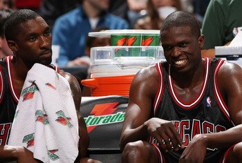 MILWAUKEE - APRIL 14: Ben Gordon #7 (L) and Loul Deng #9 of the Chicago Bulls combined for 61 points against the Milwaukee Bucks on April 14, 2008 at the Bradley Center in Milwaukee, Wisconsin. The Bulls defeated the Bucks 151-135. NOTE TO USER: User expr