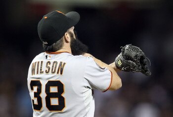 PHOENIX, AZ - JUNE 14:  Relief pitcher Brian Wilson #38 of the San Francisco Giants celebrates following the Major League Baseball game against the Arizona Diamondbacks at Chase Field on June 14, 2011 in Phoenix, Arizona. The Giants defeated the Diamondba