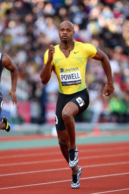 LONDON, ENGLAND - JULY 24: Asafa Powell of Jamaica competes in the Men's 100m Heat during day one of the Aviva London Grand Prix track and field meeting at Crystal Palace Stadium on July 24, 2009 in London, England. (Photo by Michael Steele/Getty Images)