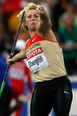 BERLIN - AUGUST 18:  Christina Obergföll of Germany competes in the women's Javelin Throw Final during day four of the 12th IAAF World Athletics Championships at the Olympic Stadium on August 18, 2009 in Berlin, Germany.  (Photo by Stu Forster/Getty Image