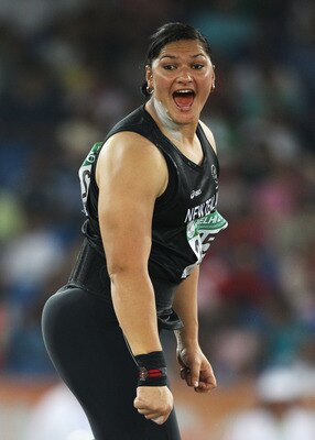 DELHI, INDIA - OCTOBER 09:  Valerie Adams of New Zealand reacts during the women's shot put final at the Jawaharlal Nehru Stadium during day six of the Delhi 2010 Commonwealth Games on October 9, 2010 in Delhi, India.  (Photo by Michael Steele/Getty Image