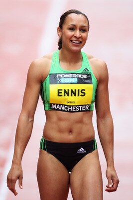 MANCHESTER, ENGLAND - MAY 15:  Jess Ennis of Great Britain smiles after her 100m Hurdle race against Tiffany Ofili of Great Britain, Danielle Carruthers of USA and Ginnie Crawford of USA during the Powerade Great City Games on May 15, 2011 in Manchester,