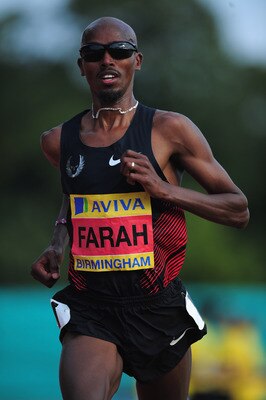 BIRMINGHAM, ENGLAND - JULY 31:  Winner Mo Farah in action in the Mens 5000 metres final during day three of the Aviva UK Trials & Championships at Birmingham Alexander stadium on July 31, 2011 in Birmingham, England.  (Photo by Stu Forster/Getty Images)