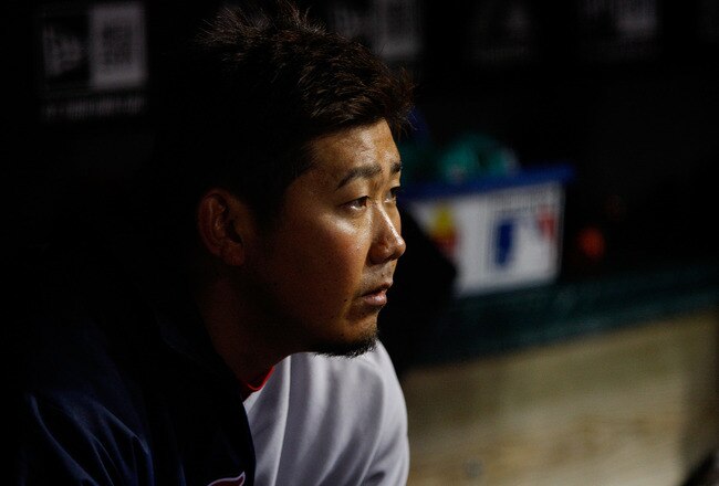CLEVELAND - APRIL 06:  Daisuke Matsuzaka #18 of the Boston Red Sox sits in the dugout during the game against the Cleveland Indians on April 6, 2011 at Progressive Field in Cleveland, Ohio.  (Photo by Jared Wickerham/Getty Images)