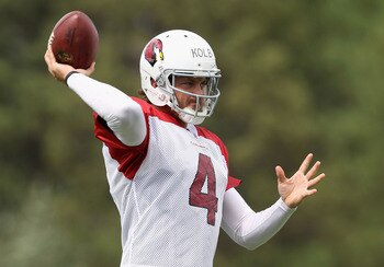 Kevin Kolb throws a pass in training camp