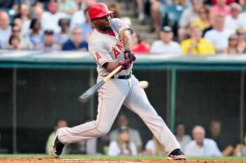 CLEVELAND, OH - JULY 25: Torii Hunter #48 of the Los Angeles Angels hits a single during the third inning against the Cleveland Indians at Progressive Field on July 25, 2011 in Cleveland, Ohio. (Photo by Jason Miller/Getty Images)