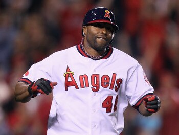 ANAHEIM, CA - MAY 06:  Torii Hunter #48 of the Los Angeles Angels of Anaheim celebrates after hitting the game wining RBI single against the Cleveland Indians in the 11th inning at Angel Stadium of Anaheim on May 6, 2011 in Anaheim, California.  (Photo by