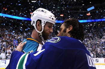 VANCOUVER, CANADA - MAY 24:  Goaltender Roberto Luongo #1 of the Vancouver Canucks shakes hands with Joe Thornton #19 of the San Jose Sharks after the Canucks defeated the San Jose Sharks 3-2 in double-overtime in Game Five to win the Western Conference F