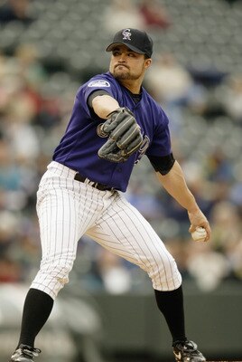 DENVER - MAY 16:  Pitcher Mike Hampton #10 of the Colorado Rockies throws a pitch during the MLB game against the Florida Marlins at Coors Field in Denver, Colorado, on May 16, 2002. The Rockies beat the Marlins 10-3.  DIGITAL IMAGE (Photo byBrian Bahr/Ge