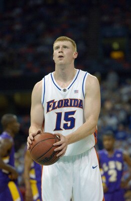 NEW ORLEANS - MARCH 14:  Matt Bonner #15 of the University of Florida Gators gets set to shoot a free throw against the Louisiana State Tigers during the SEC Men's Basketball Tournament at the Louisiana Superdome on March 14, 2003 in New Orleans, Louisian