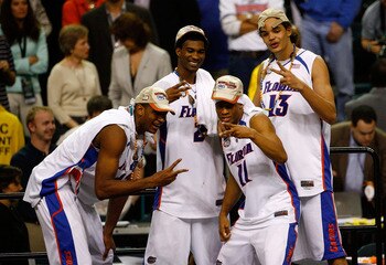 ATLANTA - APRIL 02:  Al Horford #42, Taurean Green #11, Joakim Noah #13 and Corey Brewer #2 of the Florida Gators celerate after defeating the Ohio State Buckeyes during the NCAA Men's Basketball Championship game at the Georgia Dome on April 2, 2007 in A