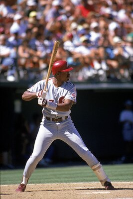 1989 - Ricky Jordan #17 of the Philadelphia Phillies stands ready at bat during a game in the 1989 season.  (Photo by:  Stephen Dunn/Getty Images)