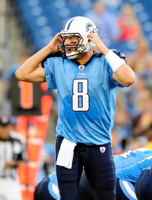 NASHVILLE, TN - AUGUST 13:  Matt Hasselbeck #8 of the Tennessee Titans calls an audible against the Minnesota Vikings during a preseason game at LP Field on August 13, 2011 in Nashville, Tennessee.  (Photo by Grant Halverson/Getty Images)