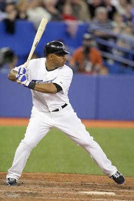 TORONTO - APRIL 12:  Vernon Wells #10 of the Toronto Blue Jays stands at bat during the game against the Chicago White Sox at the Rogers Centre on April 12, 2010 in Toronto, Ontario. (Photo By Dave Sandford/Getty Images)