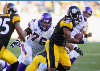 PITTSBURGH - OCTOBER 25: Steve Hutchinson #76 of the Minnesota Vikings tries in vain to catch Keyaron Fox #57 of the Pittsburgh Steelers after Fox intercepted Brett Favre (not shown)and runs 82 yards for a touchdown at Heinz Field on October 25, 2009 in P