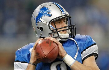 DETROIT - NOVEMBER 7: Matthew Stafford #9 of the Detroit Lions warms up prior to the start of the game against the New York Jets at Ford Field on November 7, 2010 in Detroit, Michigan.  (Photo by Leon Halip/Getty Images)