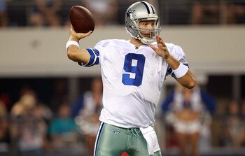 ARLINGTON, TX - AUGUST 11:  Tony Romo #9 of the Dallas Cowboys at Cowboys Stadium on August 11, 2011 in Arlington, Texas.  (Photo by Ronald Martinez/Getty Images)