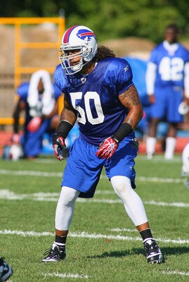 PITTSFORD, NY - AUGUST 08: Nick Barnett #50  of the Buffalo Bills readies for a play during Buffalo Bills Training Camp at St. John Fisher College on August 8, 2011 in Pittsford, New York.  (Photo by Rick Stewart/Getty Images)