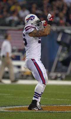 CHICAGO, IL - AUGUST 13:  Shawne Merriman #56 of the Buffalo Bills celebrates a sack against the Chicago Bears during a preseason game at Soldier Field on August 13, 2011 in Chicago, Illinois. The Bears defeated the Bills 10-3. (Photo by Jonathan Daniel/G