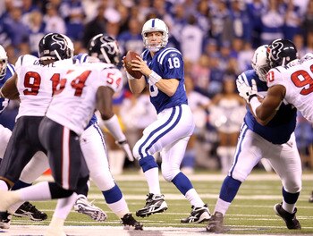 INDIANAPOLIS - NOVEMBER 01:  Peyton Manning #18 of Indianapolis Colts throws a pass during the NFL game against the Houston Texans  at Lucas Oil Stadium on November 1, 2010 in Indianapolis, Indiana.  (Photo by Andy Lyons/Getty Images)