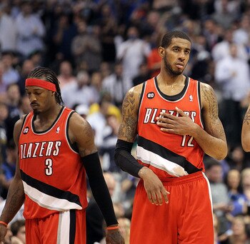 DALLAS, TX - APRIL 19:  (L-R) Gerald Wallace #3, LaMarcus Aldridge #12 and Marcus Camby #23 of the Portland Trail Blazers during a loss against the Dallas Mavericks in Game Two of the Western Conference Quarterfinals during the 2011 NBA Playoffs on April