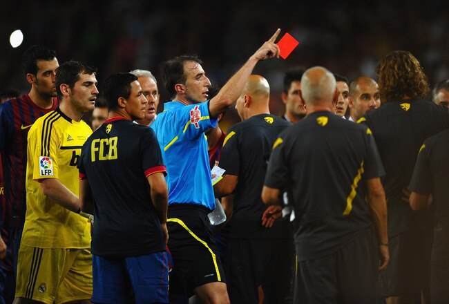 BARCELONA, SPAIN - AUGUST 17: Marcelo of Real Madrid is sent off during the Super Cup second leg match between Barcelona and Real Madrid at Nou Camp on August 17, 2011 in Barcelona, Spain.  (Photo by Laurence Griffiths/Getty Images)