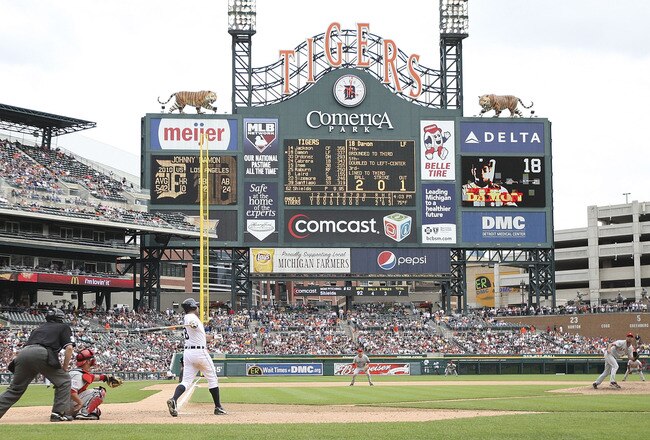 DETROIT - MAY 01:  Johnny Damon #18 of the Detroit Tigers hits a ninth inning walk off home run to give the Tigers a 3-2 win over the  Los Angeles Angels of Anaheim during the game on May 1, 2010 at Comerica Park in Detroit, Michigan.  (Photo by Leon Hali