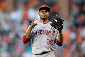 BALTIMORE, MD - JUNE 24:  Starting pitcher Edinson Volquez #36 of the Cincinnati Reds in action against the Baltimore Orioles at Oriole Park at Camden Yards on June 24, 2011 in Baltimore, Maryland.  (Photo by Rob Carr/Getty Images)