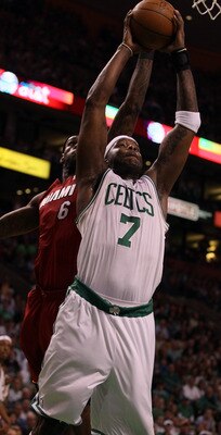 BOSTON, MA - MAY 07:  Jermaine O'Neal #7 of the Boston Celtics heads for the net as LeBron James #6 of the Miami Heat defends in Game Three of the Eastern Conference Semifinals in the 2011 NBA Playoffs on May 7, 2011 at the TD Garden in Boston, Massachuse
